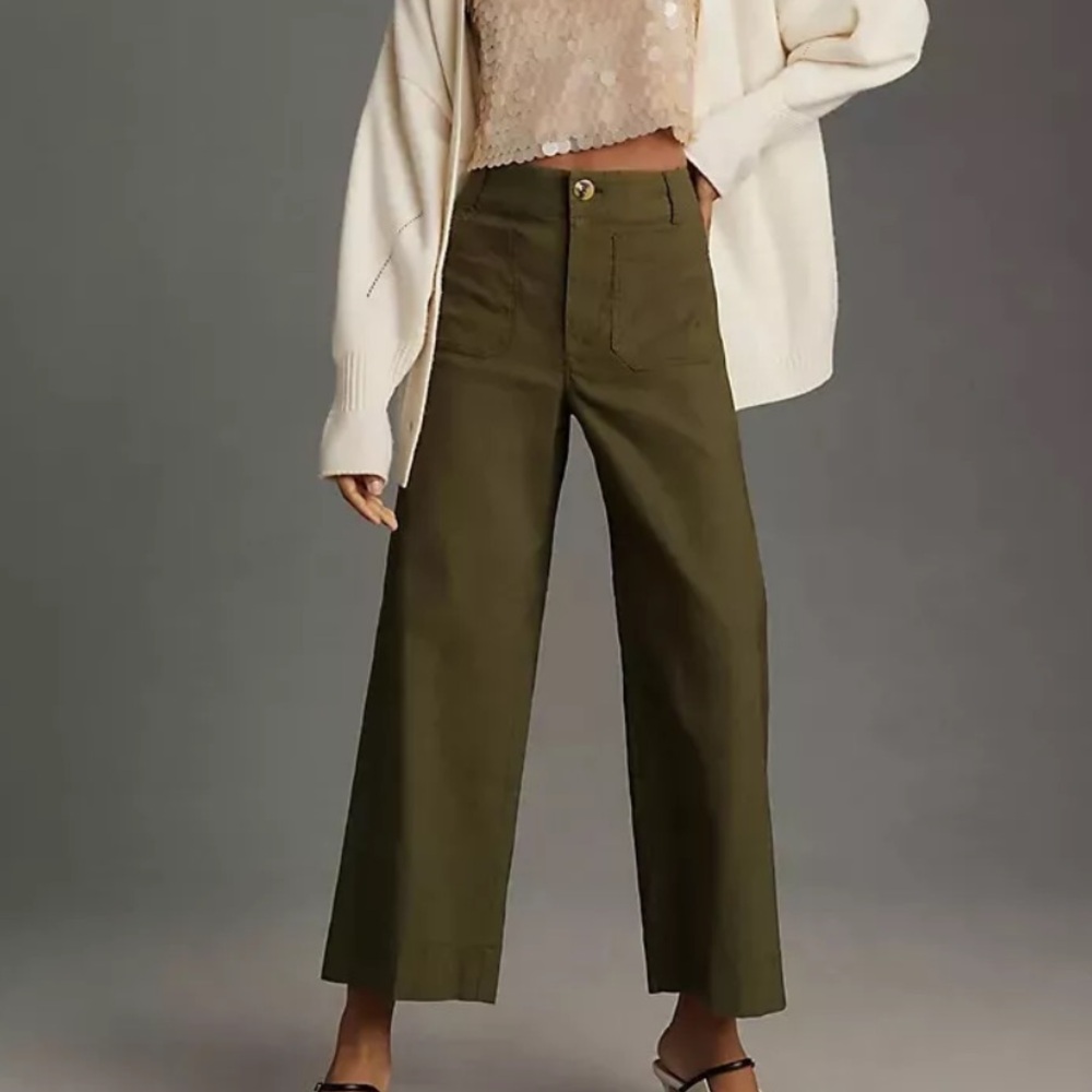Anthropologie Maeve the Colette Cropped Wide Leg Pant Women 30 Linen Blend Green